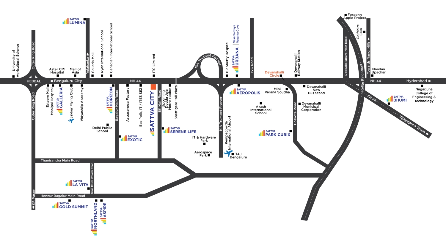 Sattva City Location Map – Devanahalli, Bangalore Airport